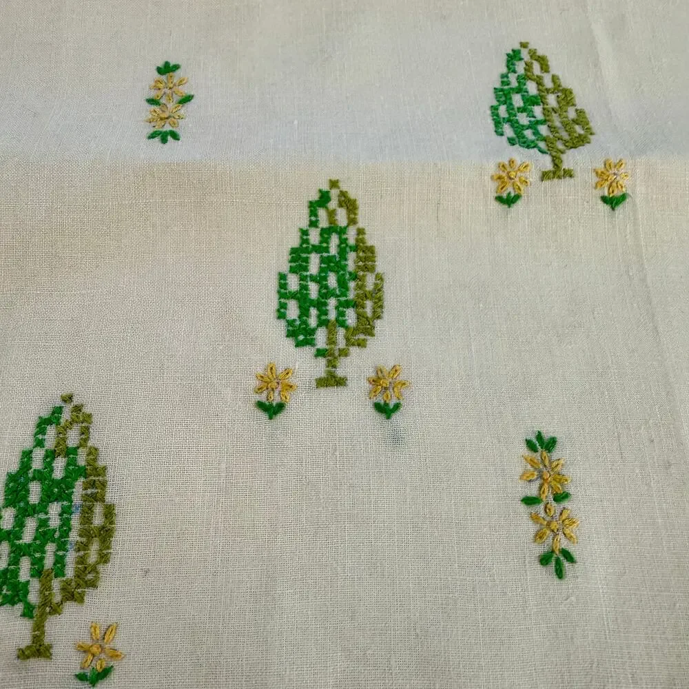 3/$20 VTG Linen Handmade Embroidered Napkin Cream Color Pine Trees Cottagecore